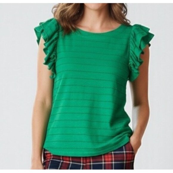 Anthropologie Emerald Green Flutter Ruffle Sleeve Blouse XS Preppy Old Money - Picture 1 of 9